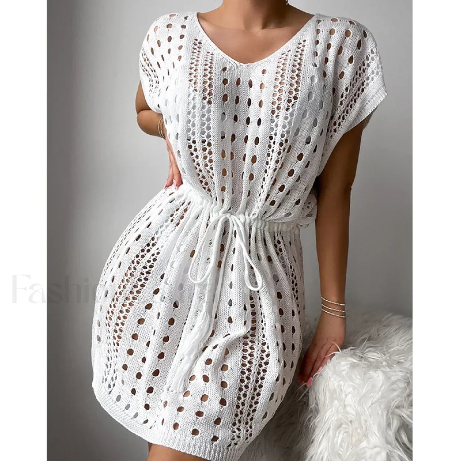 V-Neck Drawstring Slit Dress Cover Up