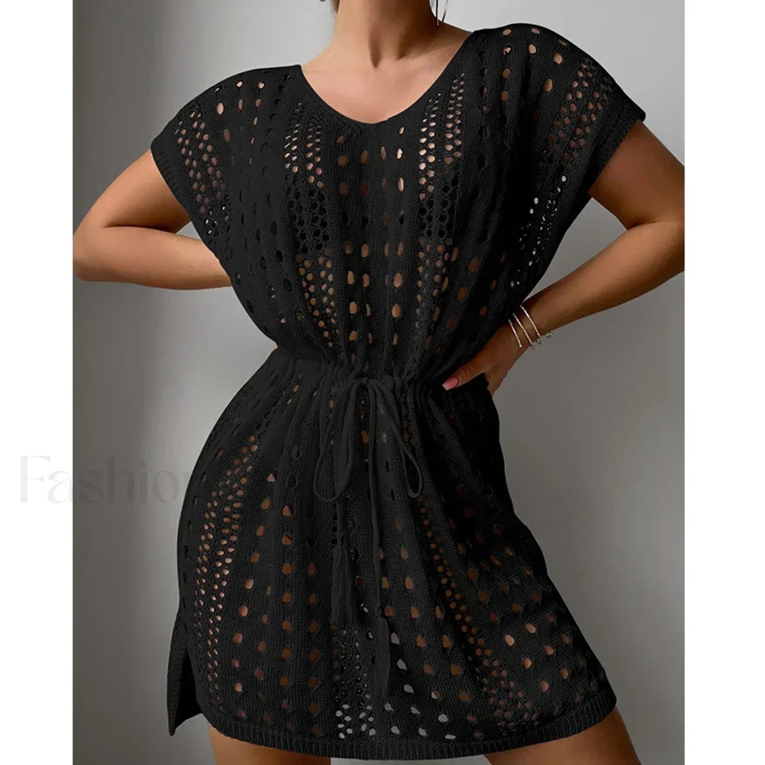 V-Neck Drawstring Slit Dress Cover Up