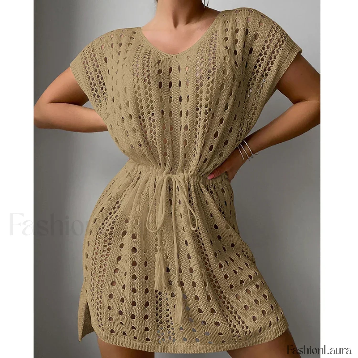 V-Neck Drawstring Slit Dress Cover Up