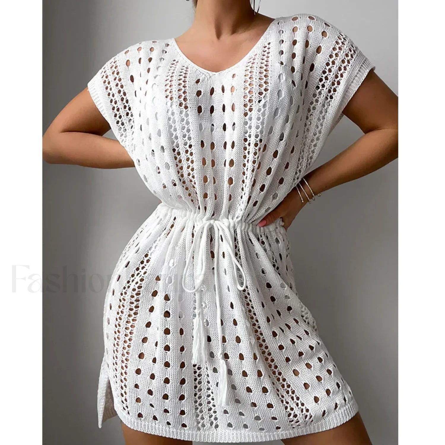 V-Neck Drawstring Slit Dress Cover Up