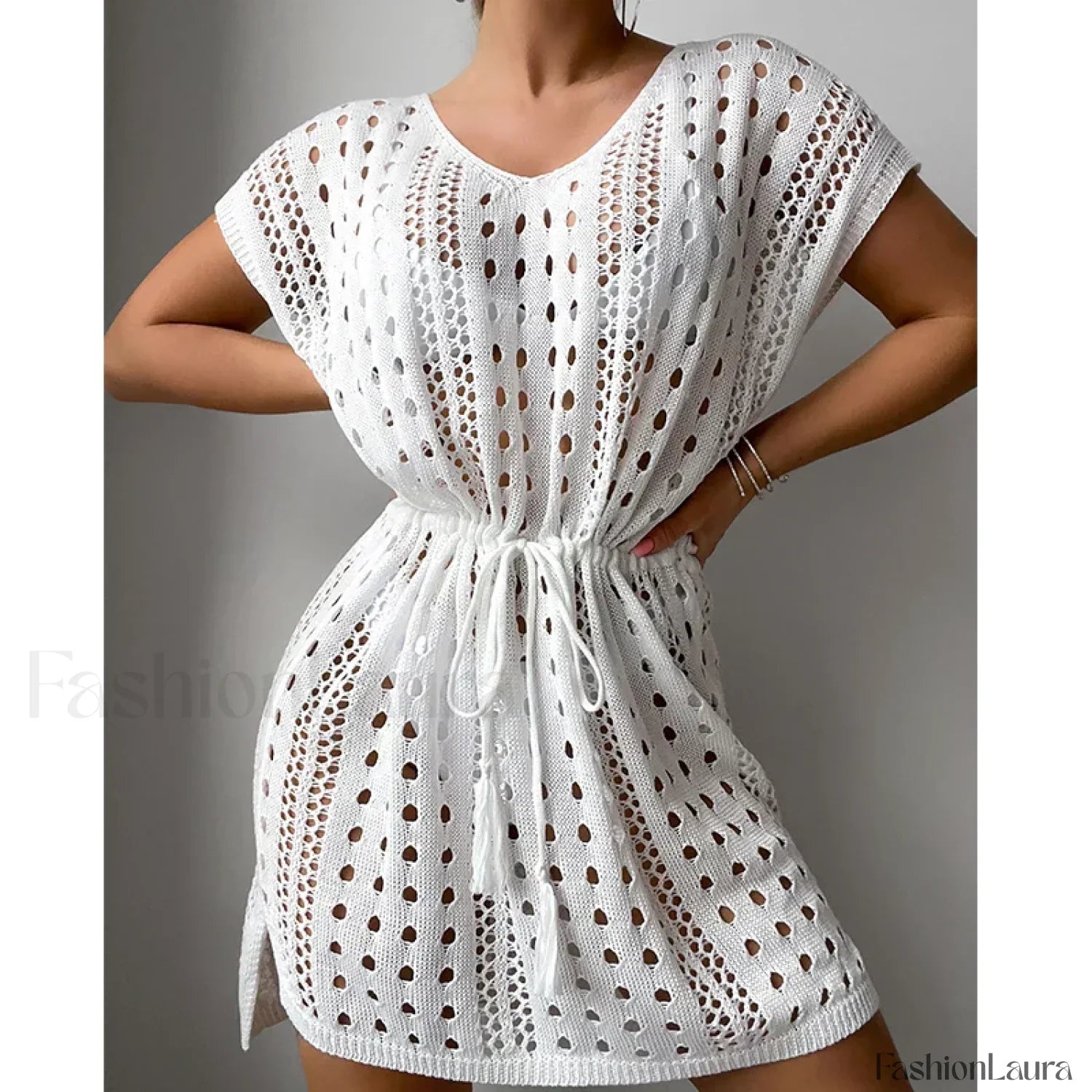 V-Neck Drawstring Slit Dress Cover Up