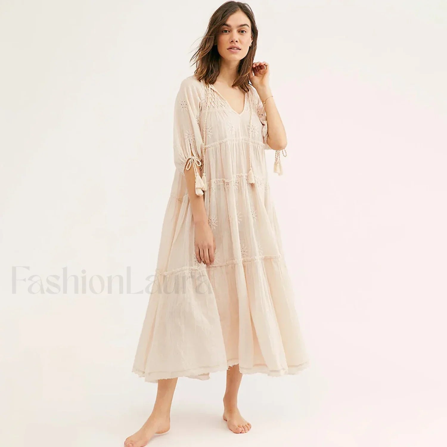 V-Neck Embroidery Midi Boho Dress