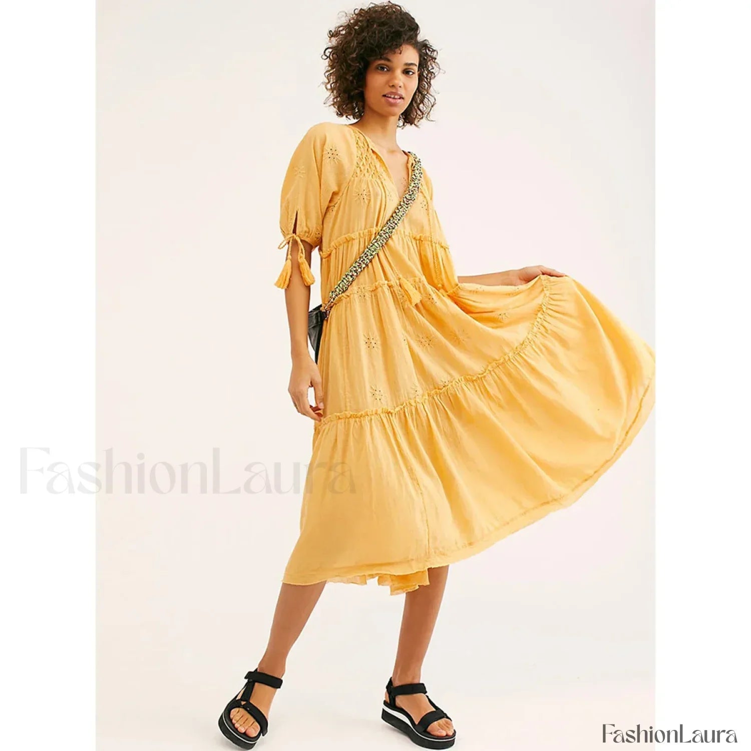 V-Neck Embroidery Midi Boho Dress