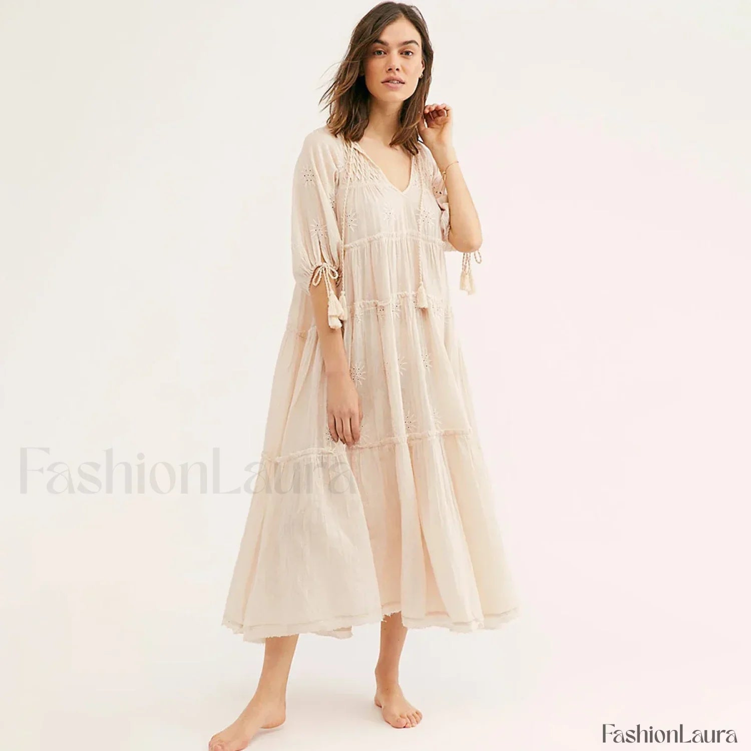 V-Neck Embroidery Midi Boho Dress