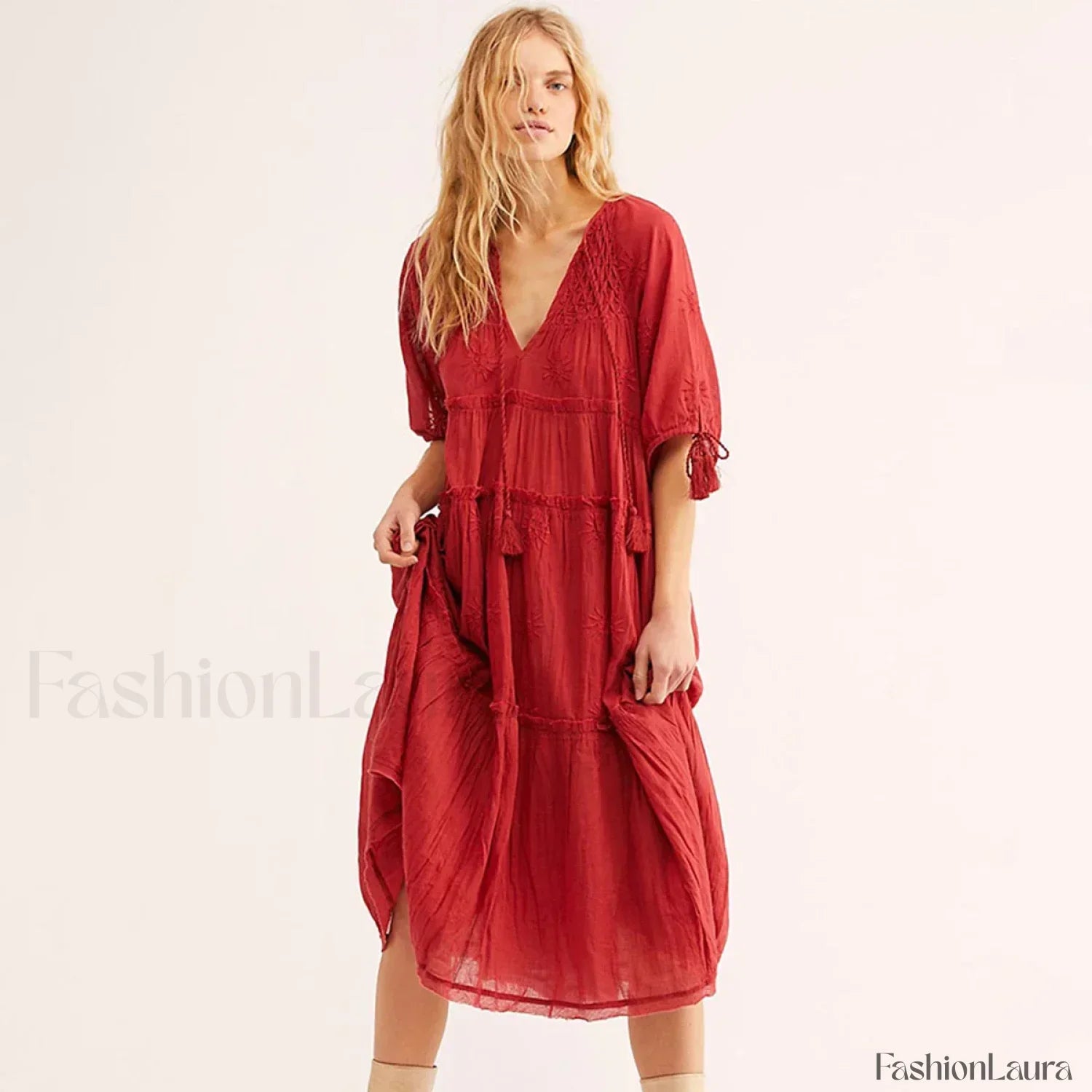 V-Neck Embroidery Midi Boho Dress