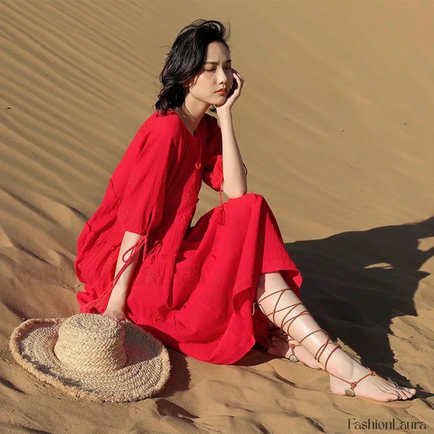 V-Neck Embroidery Midi Boho Dress