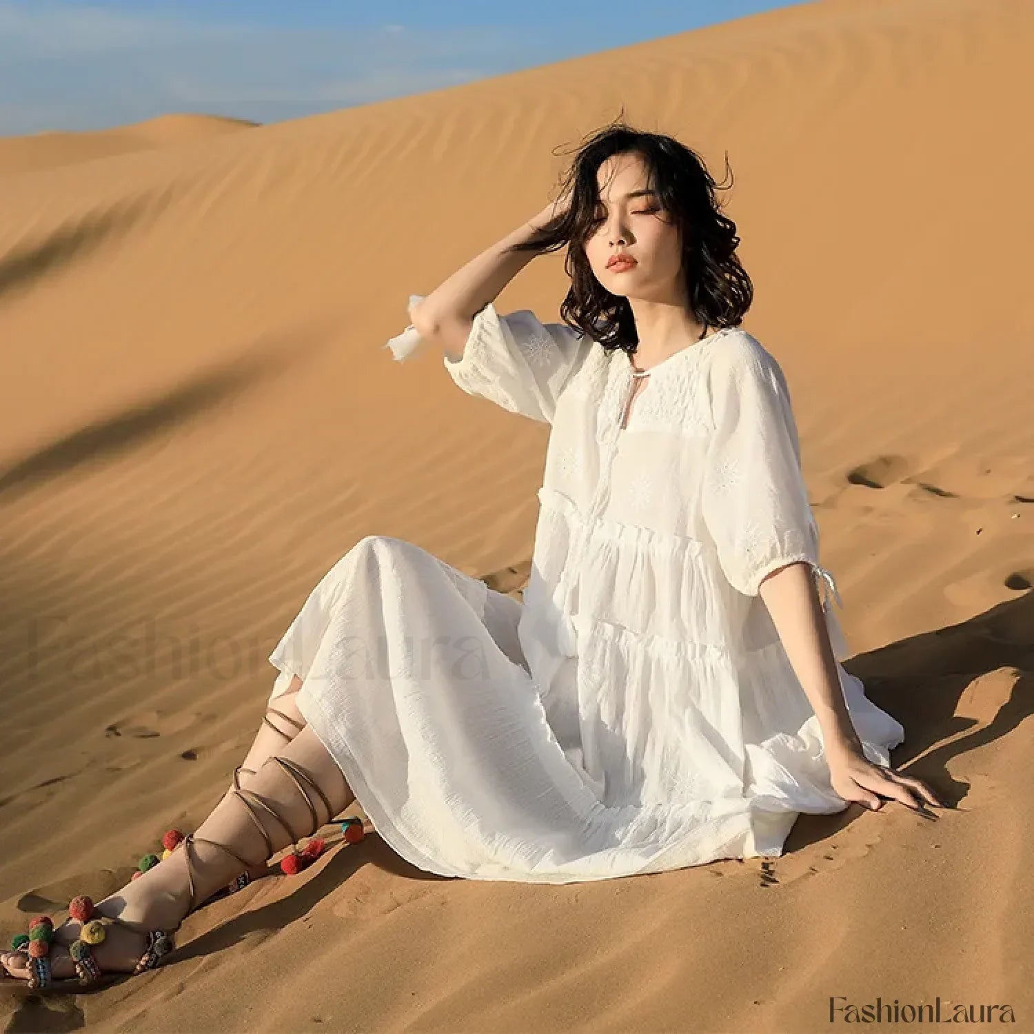 V-Neck Embroidery Midi Boho Dress