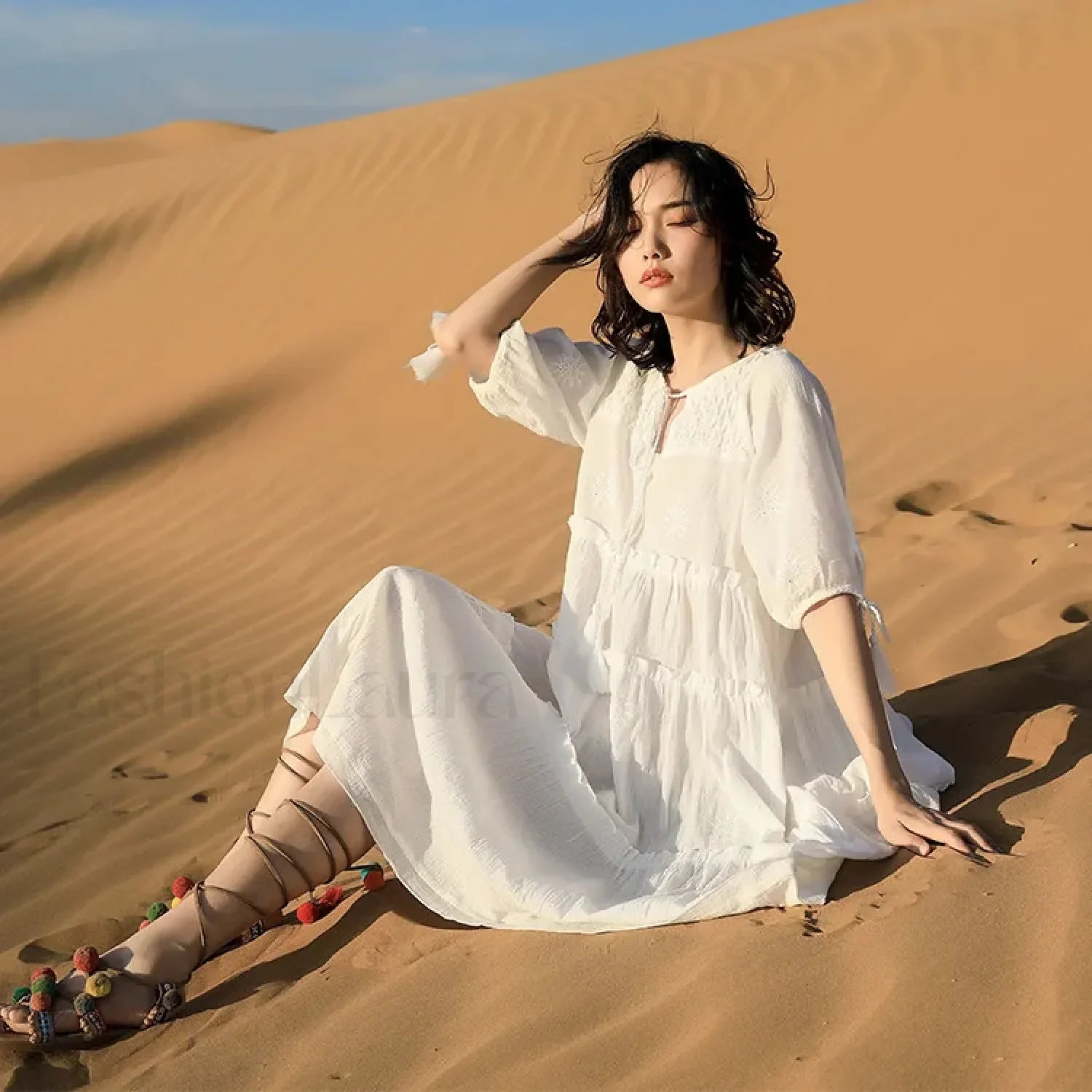 V-Neck Embroidery Midi Boho Dress