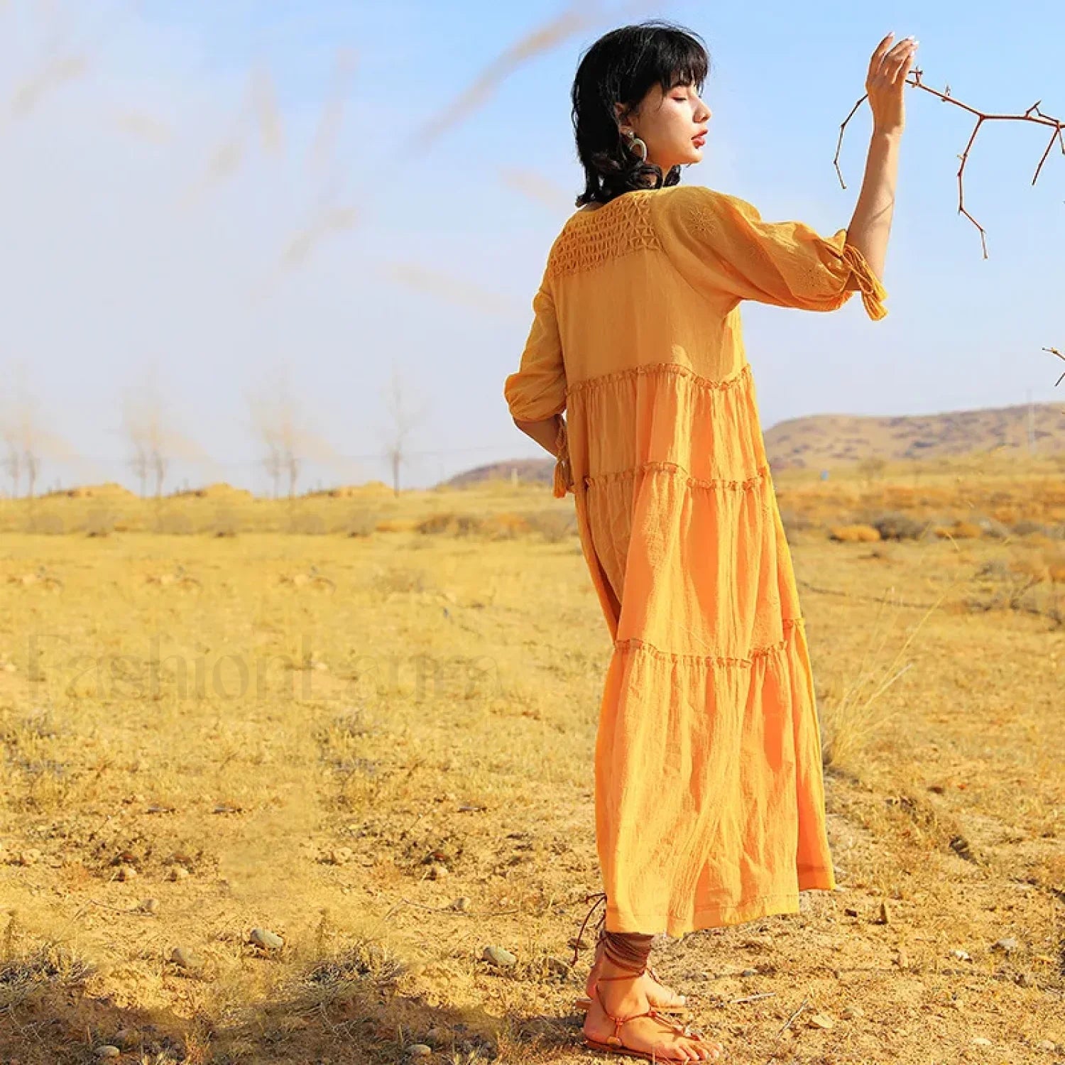 V-Neck Embroidery Midi Boho Dress