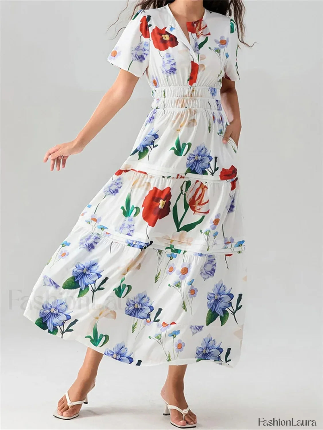 V Neck Flare Sleeve Pocket Maxi Dress