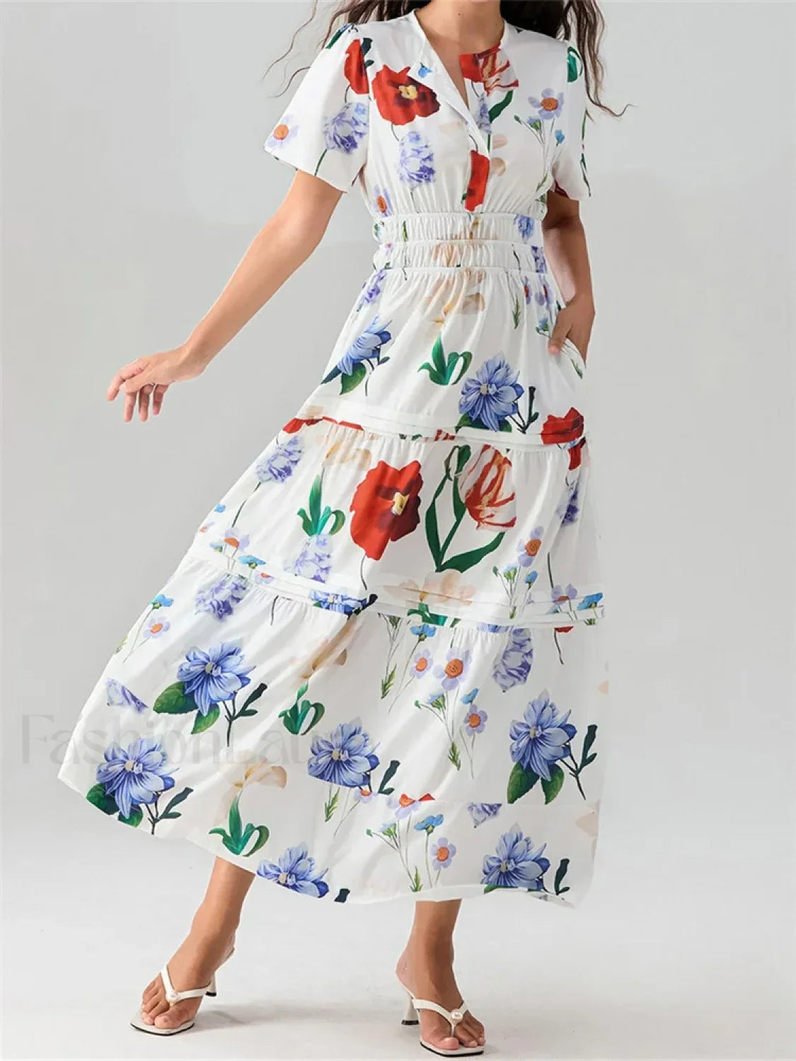 V Neck Flare Sleeve Pocket Maxi Dress