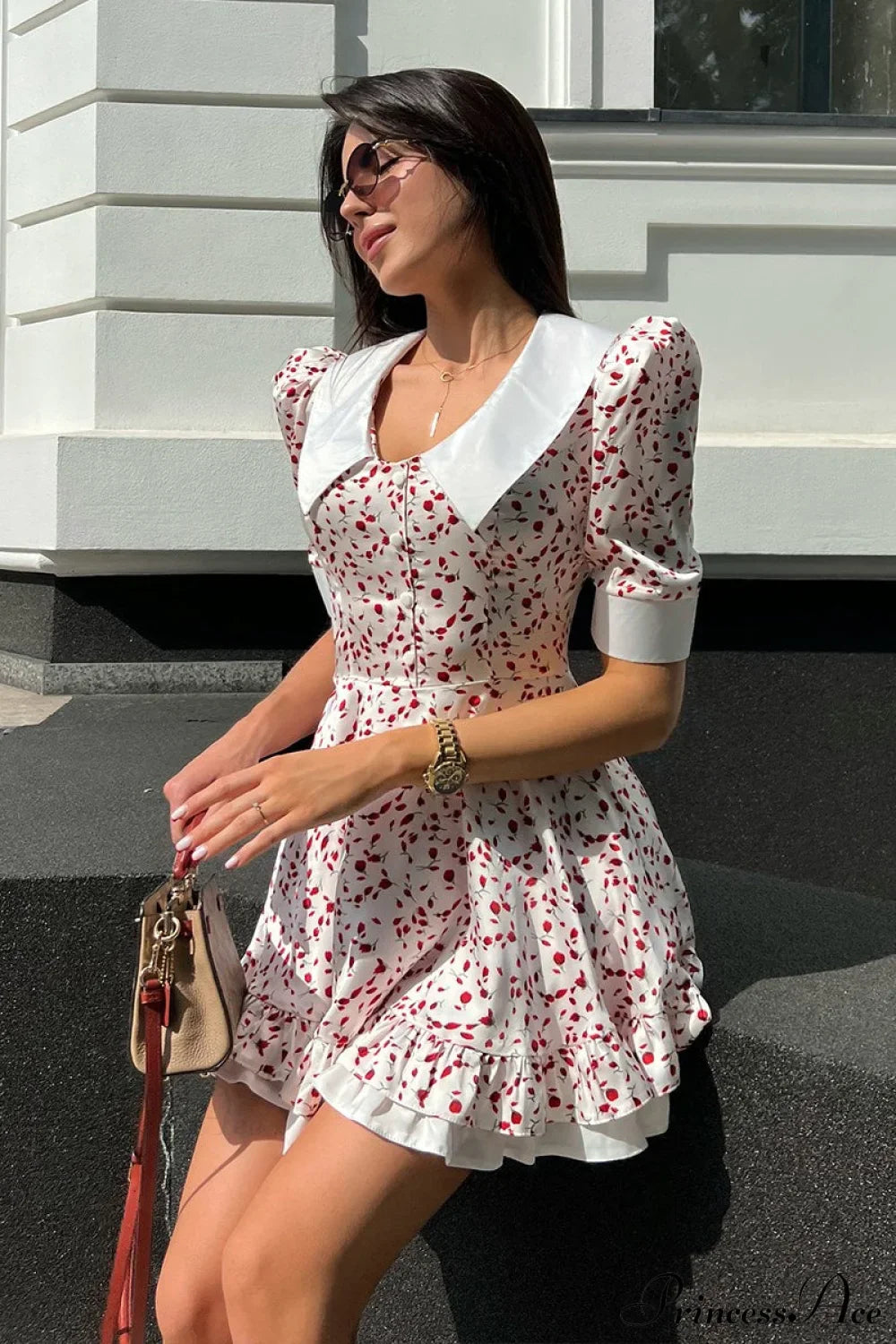 V-Neck Floral Puff Sleeve Babydoll Mini Dress Pink / S