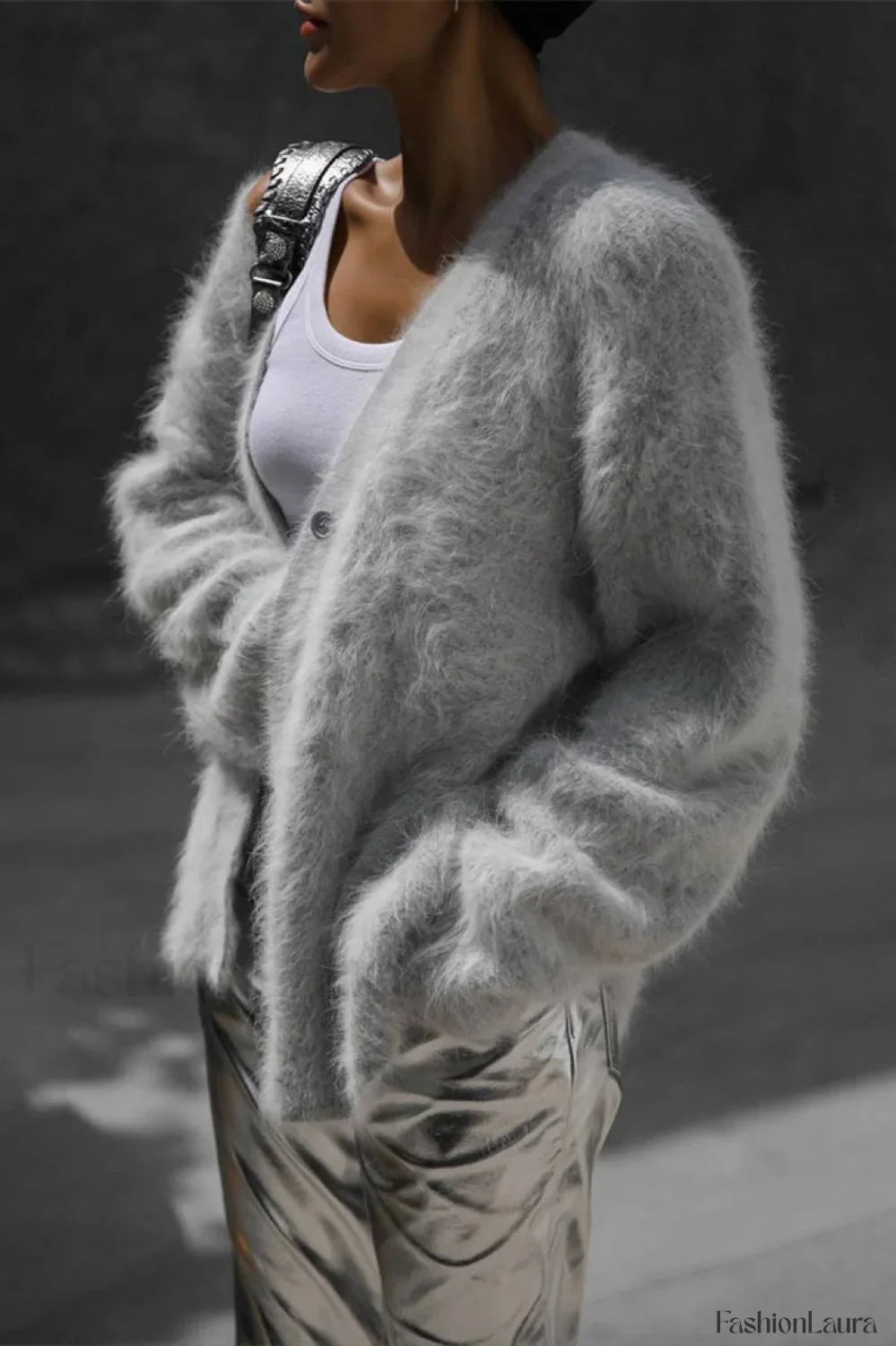 V-Neck Fluffy Knit Cardigan Sweater