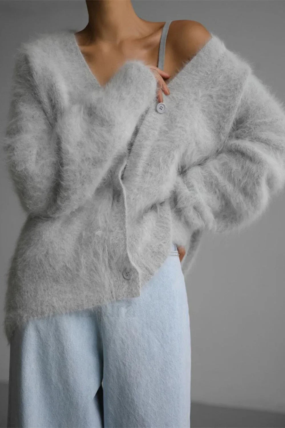 V-Neck Fluffy Knit Cardigan Sweater