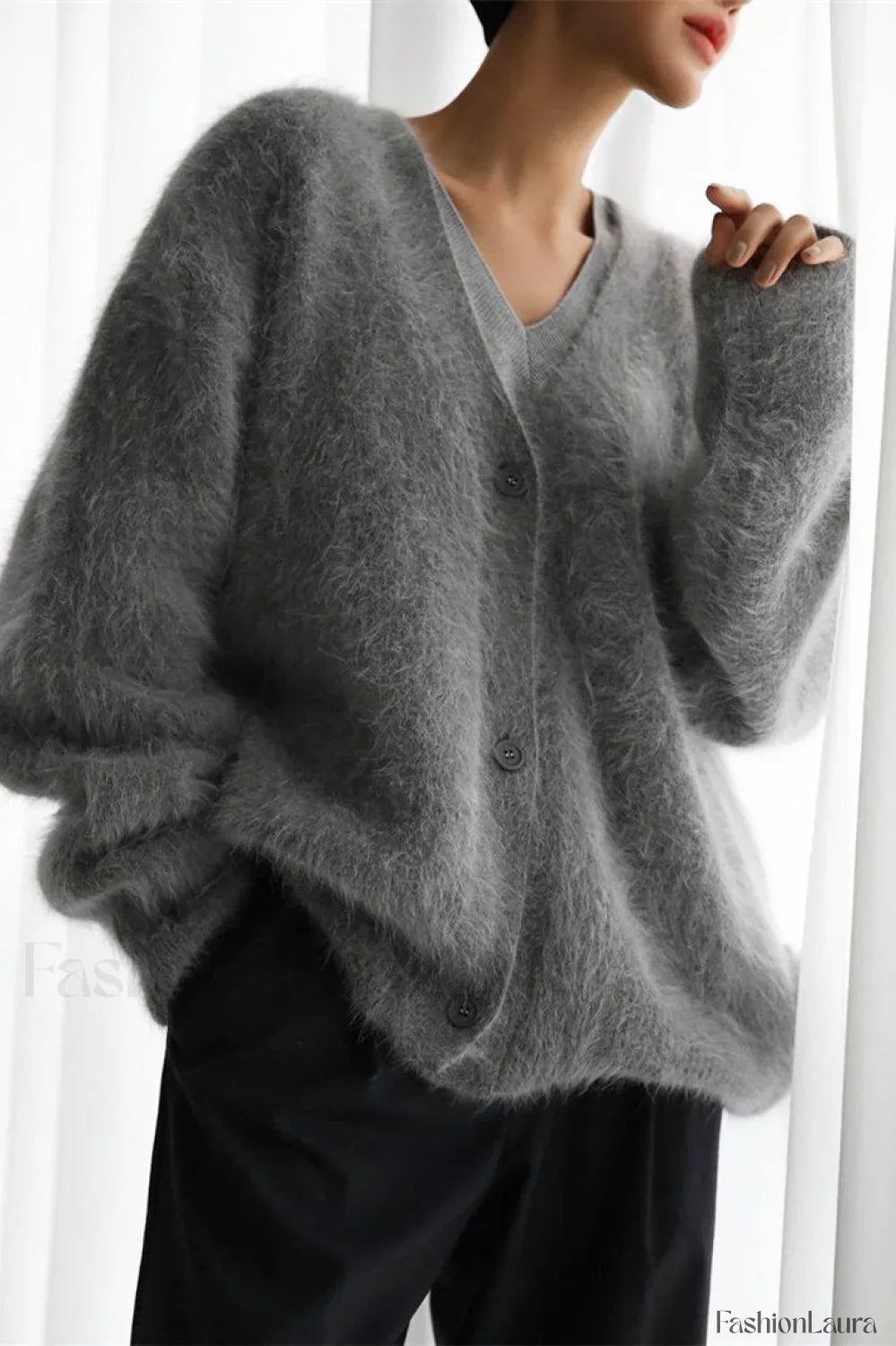 V-Neck Fluffy Knit Cardigan Sweater