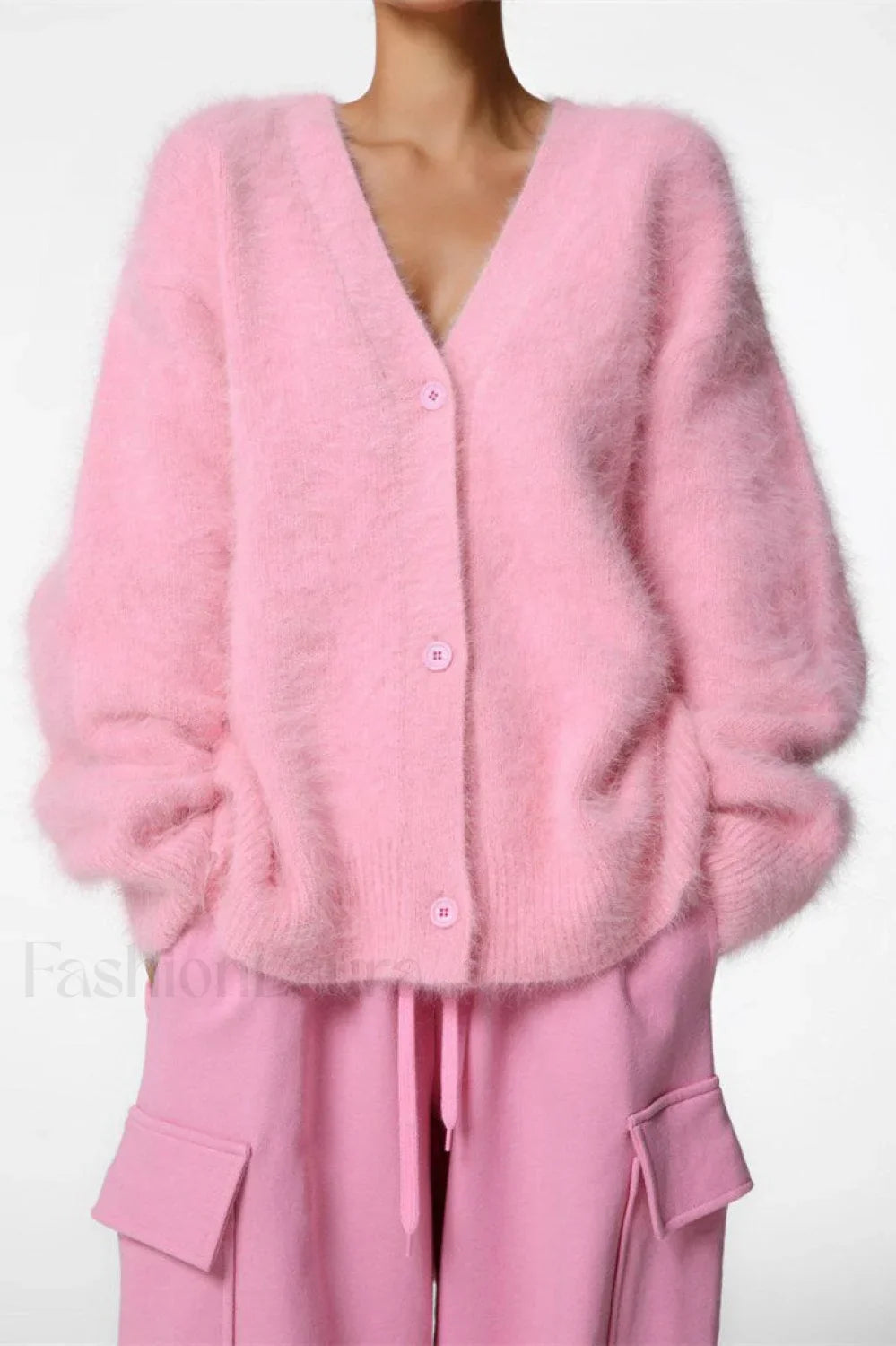 V Neck Fluffy Knit Cardigan Sweater Pink / One Size