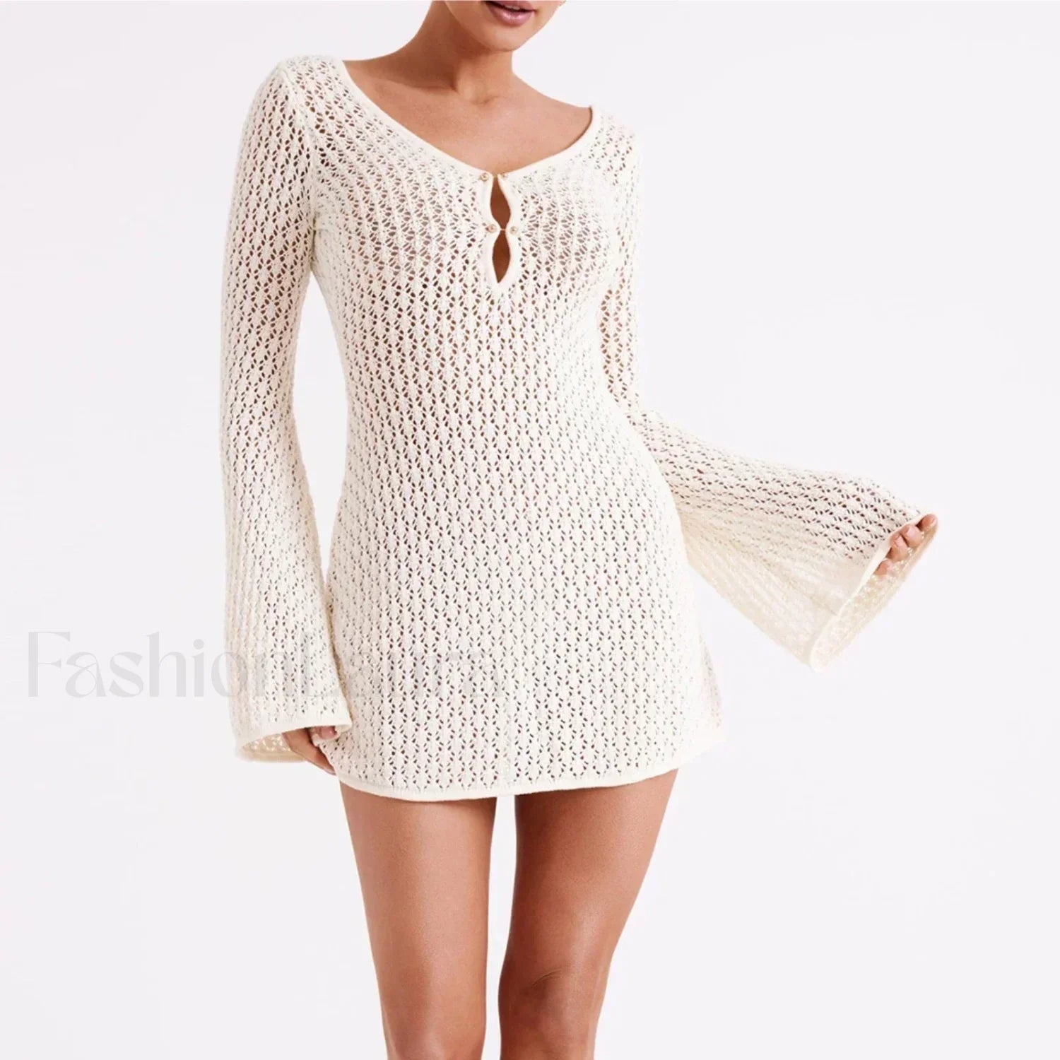 V Neck Hollow Tunic Cover Up WHITE / S