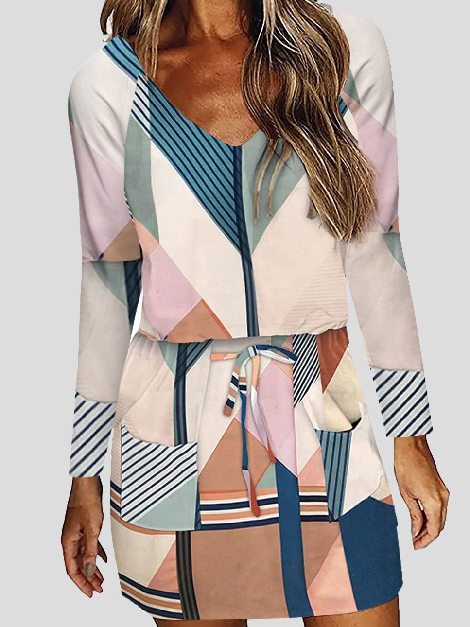 V Neck Lace Up Multicolor Printed Long Sleeve Dress
