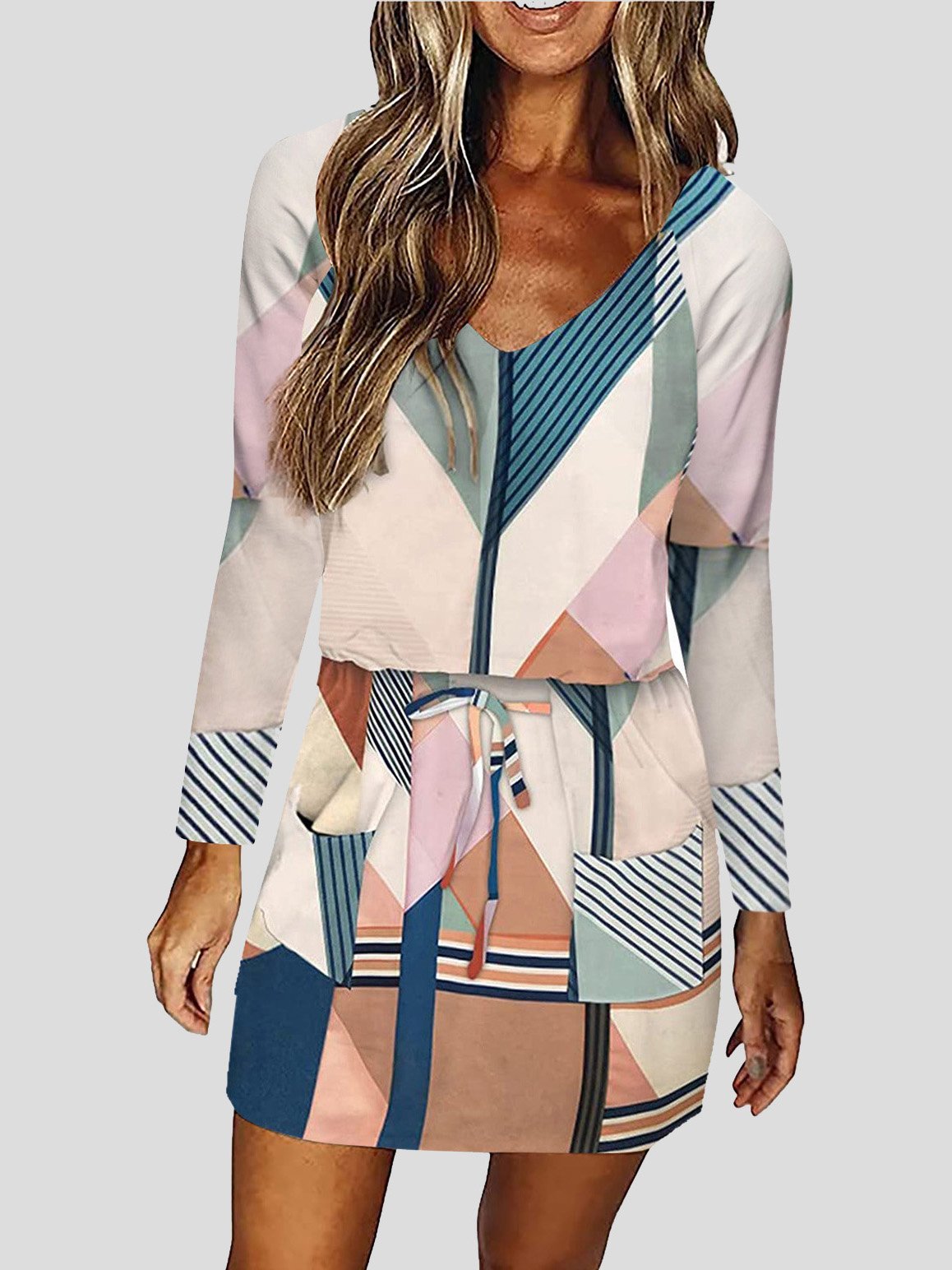 V Neck Lace Up Multicolor Printed Long Sleeve Dress - View 2