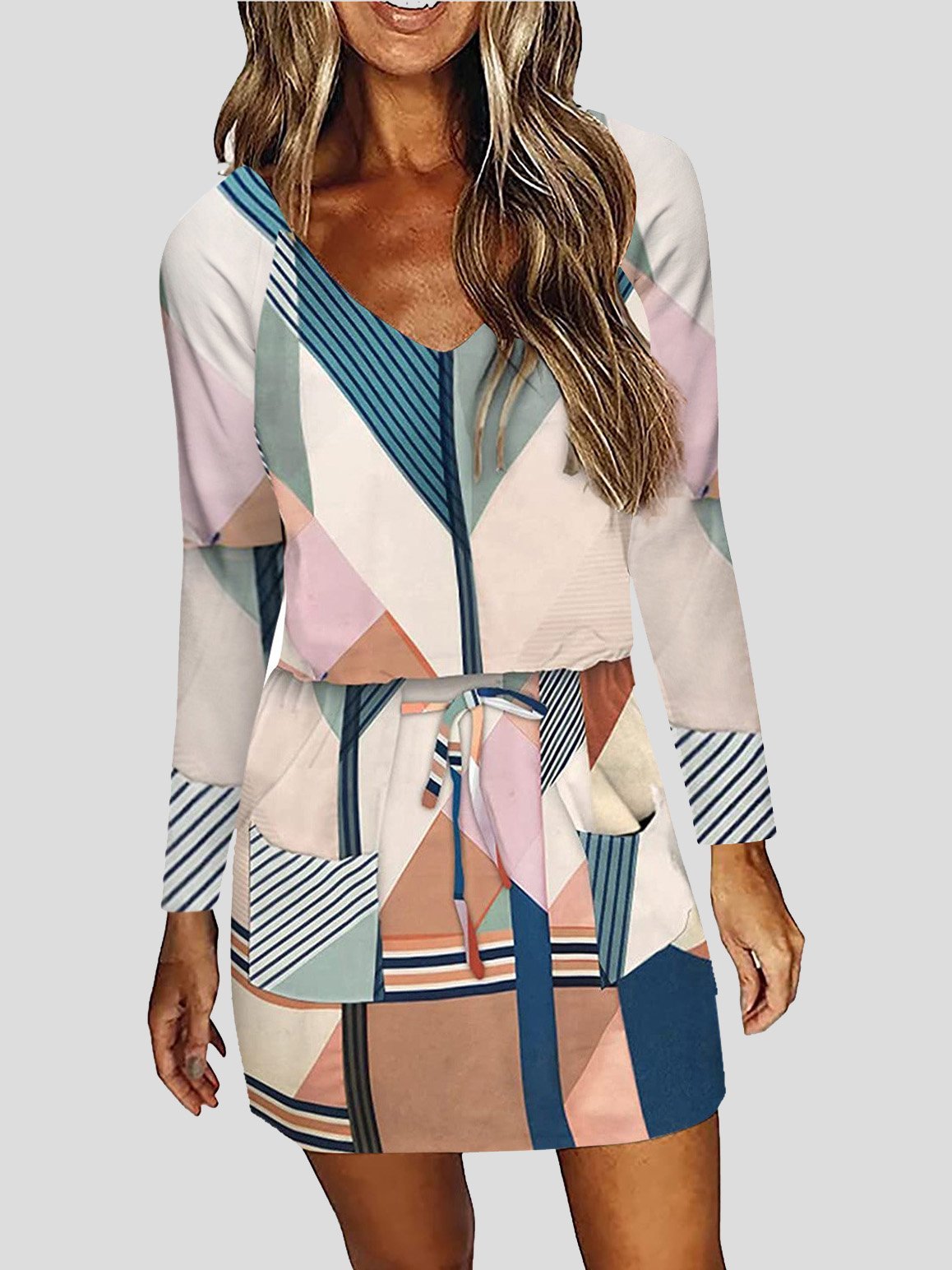 V Neck Lace Up Multicolor Printed Long Sleeve Dress - View 3