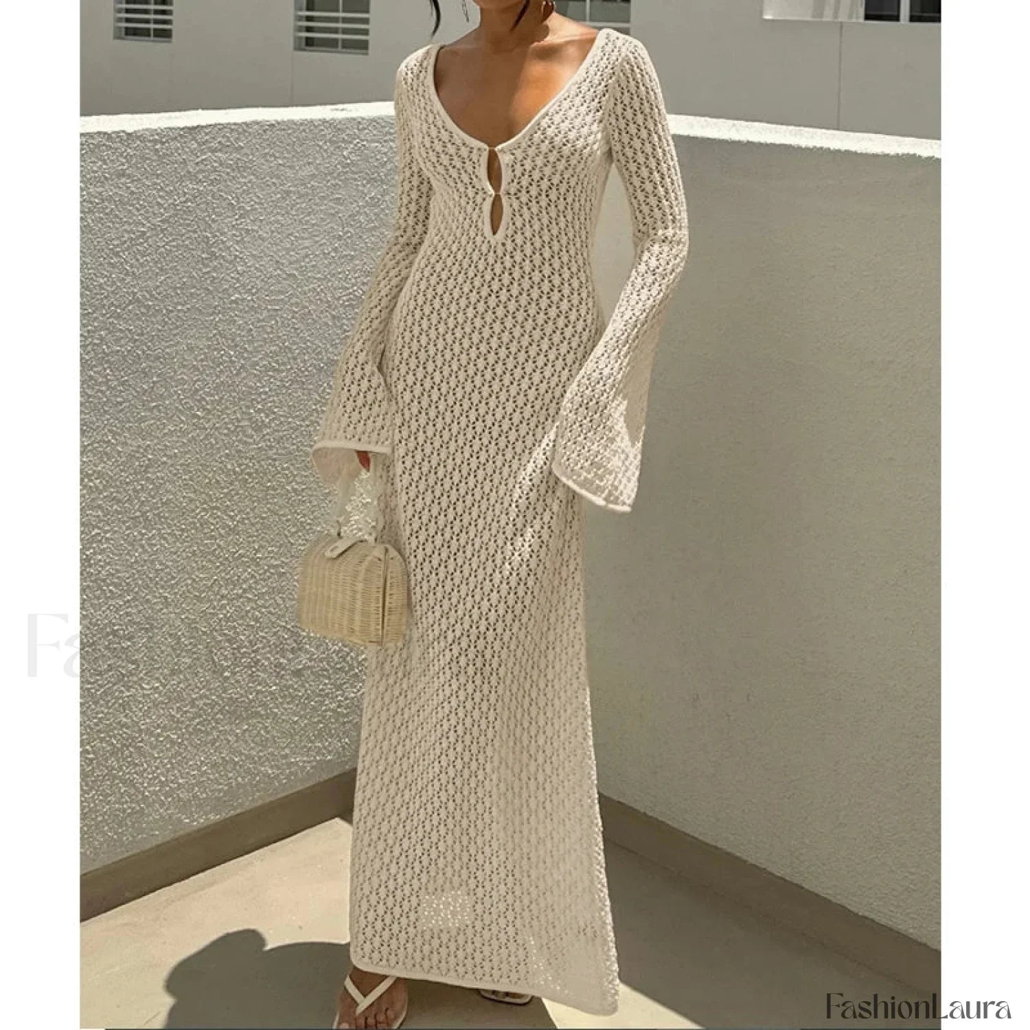 V-Neck Long Sleeve Backless Cover Up