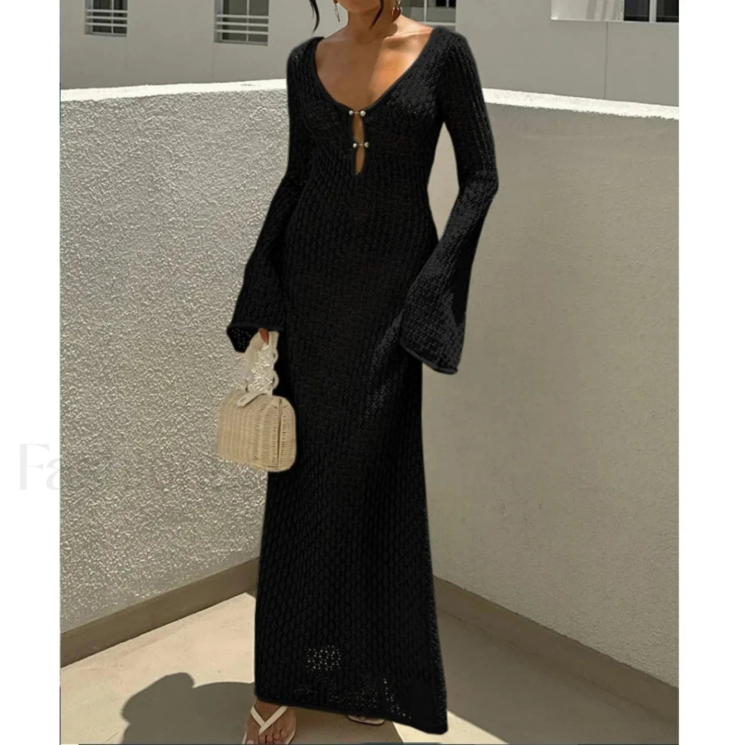 V Neck Long Sleeve Backless Cover Up Black / S