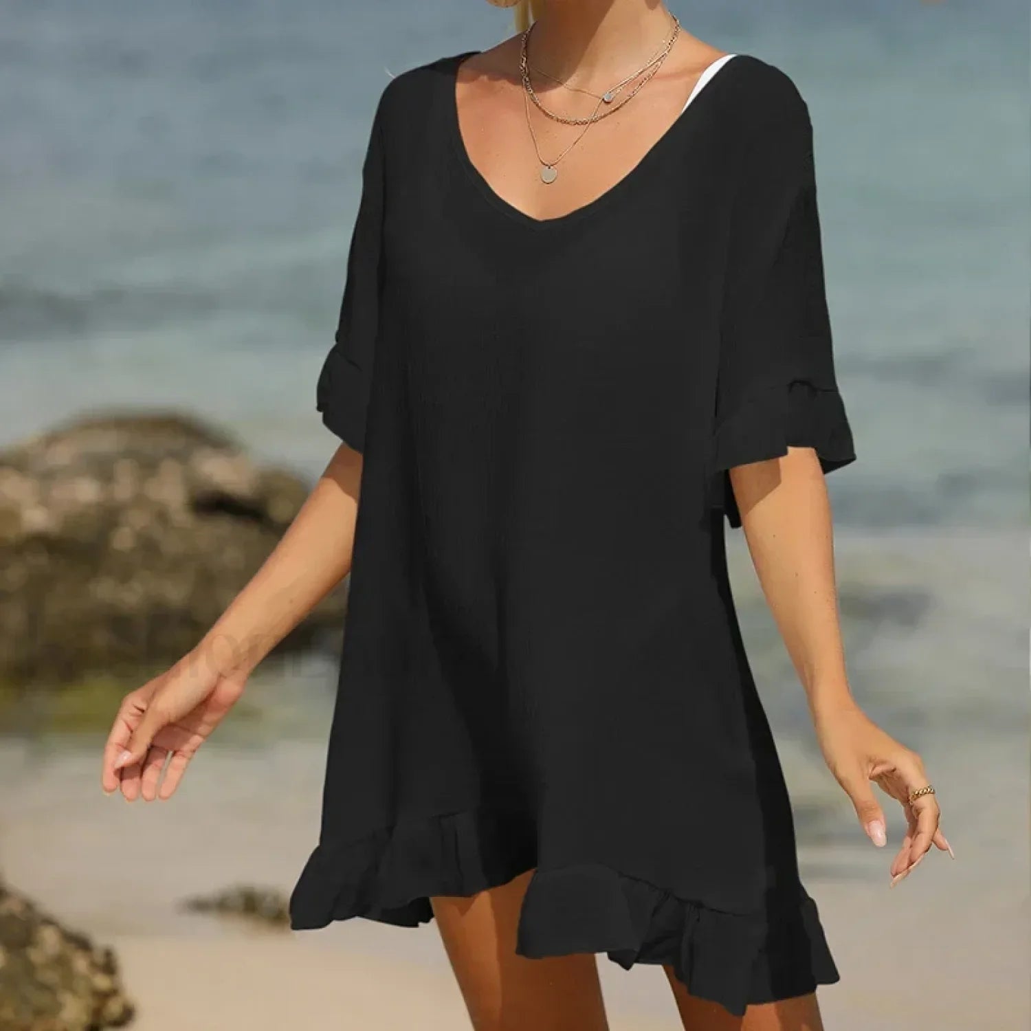 V Neck Lotus Leaf Swing Cover Up Black / One Size