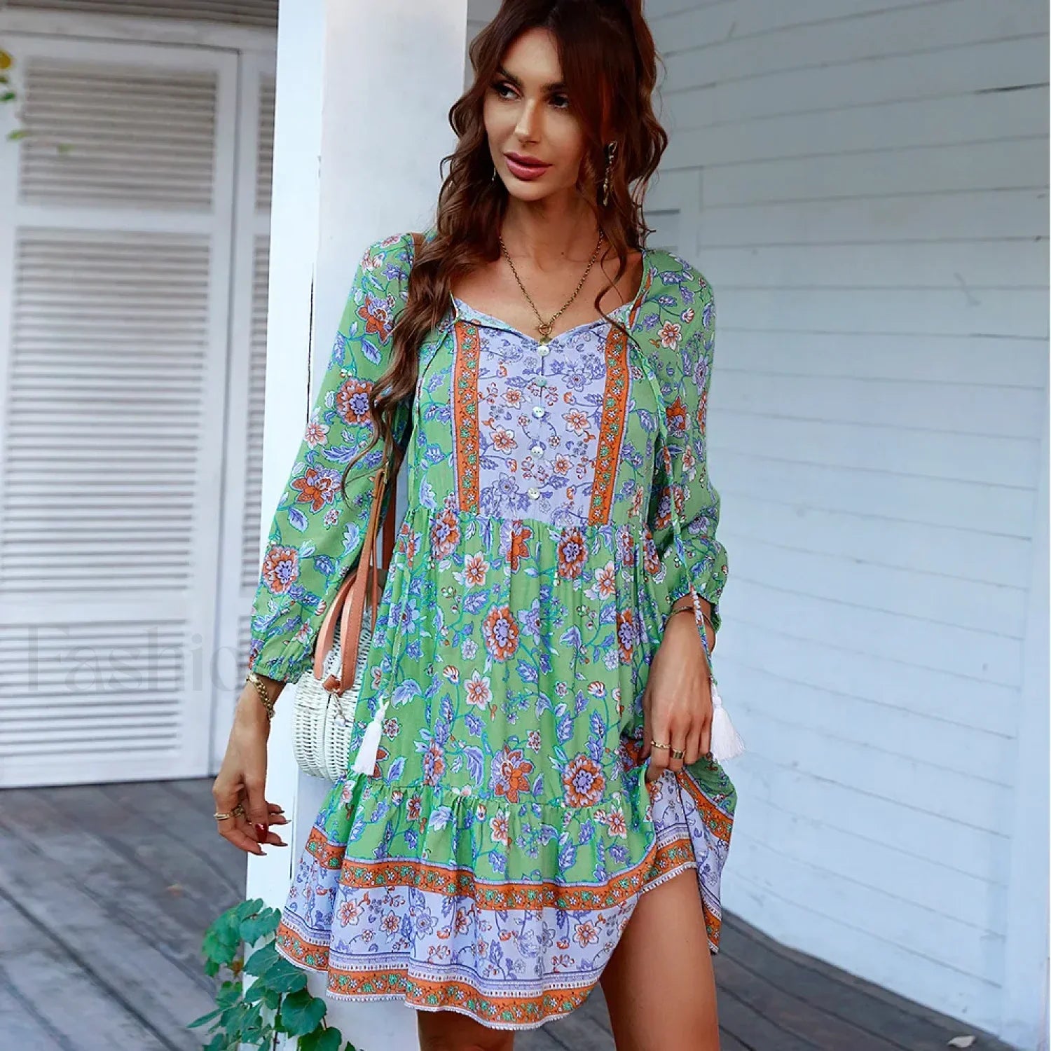 V-Neck Mini Print Boho Dress