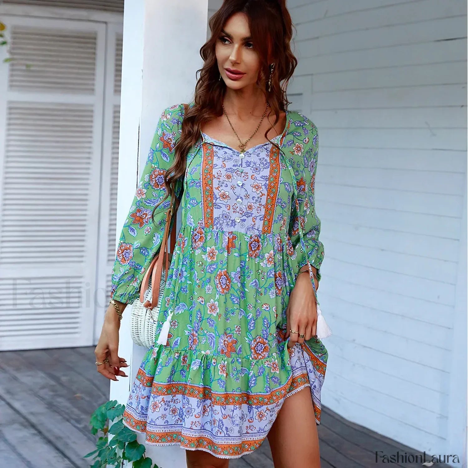 V-Neck Mini Print Boho Dress