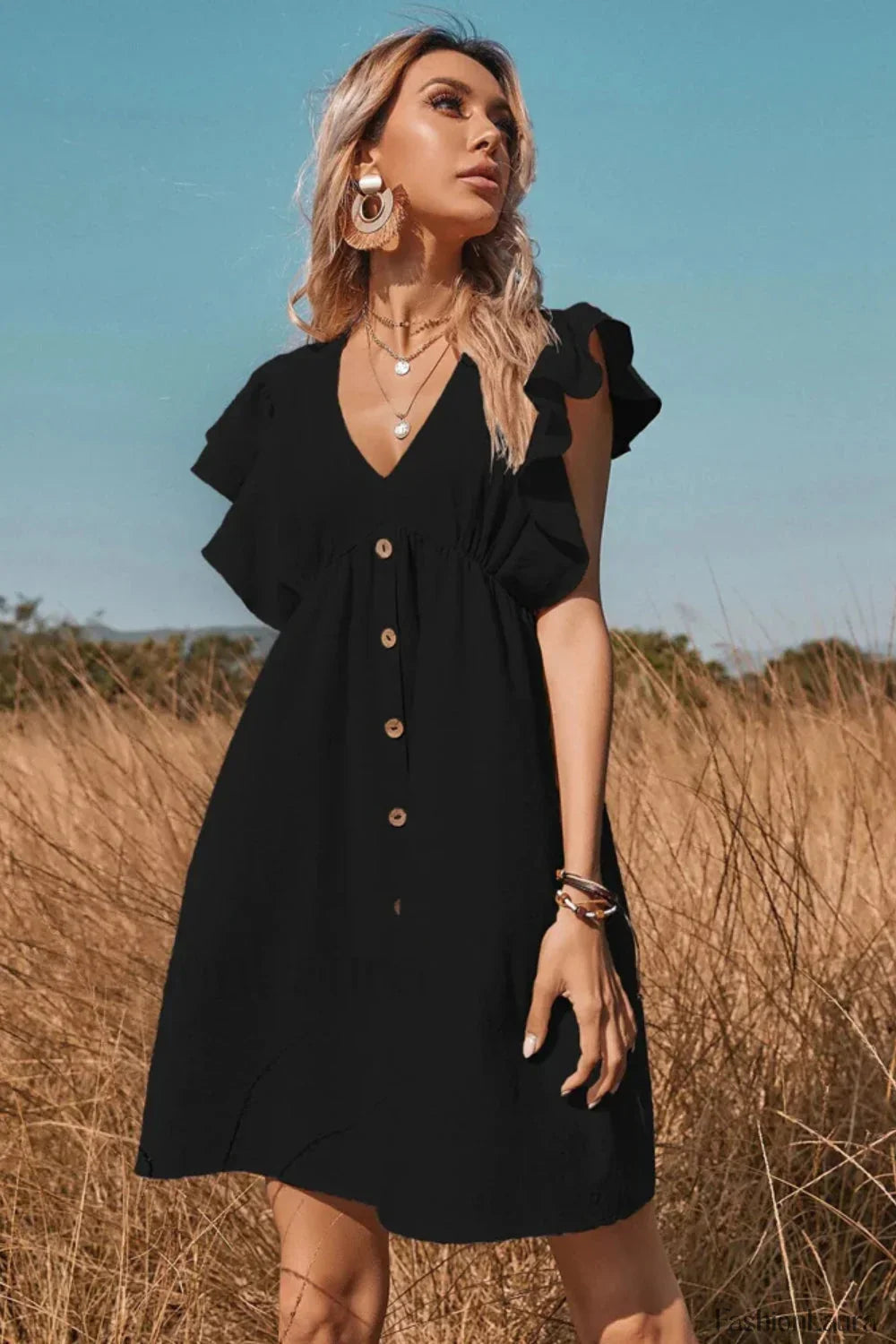 V-Neck One-Row Button Flared Pastoral Mini Dress