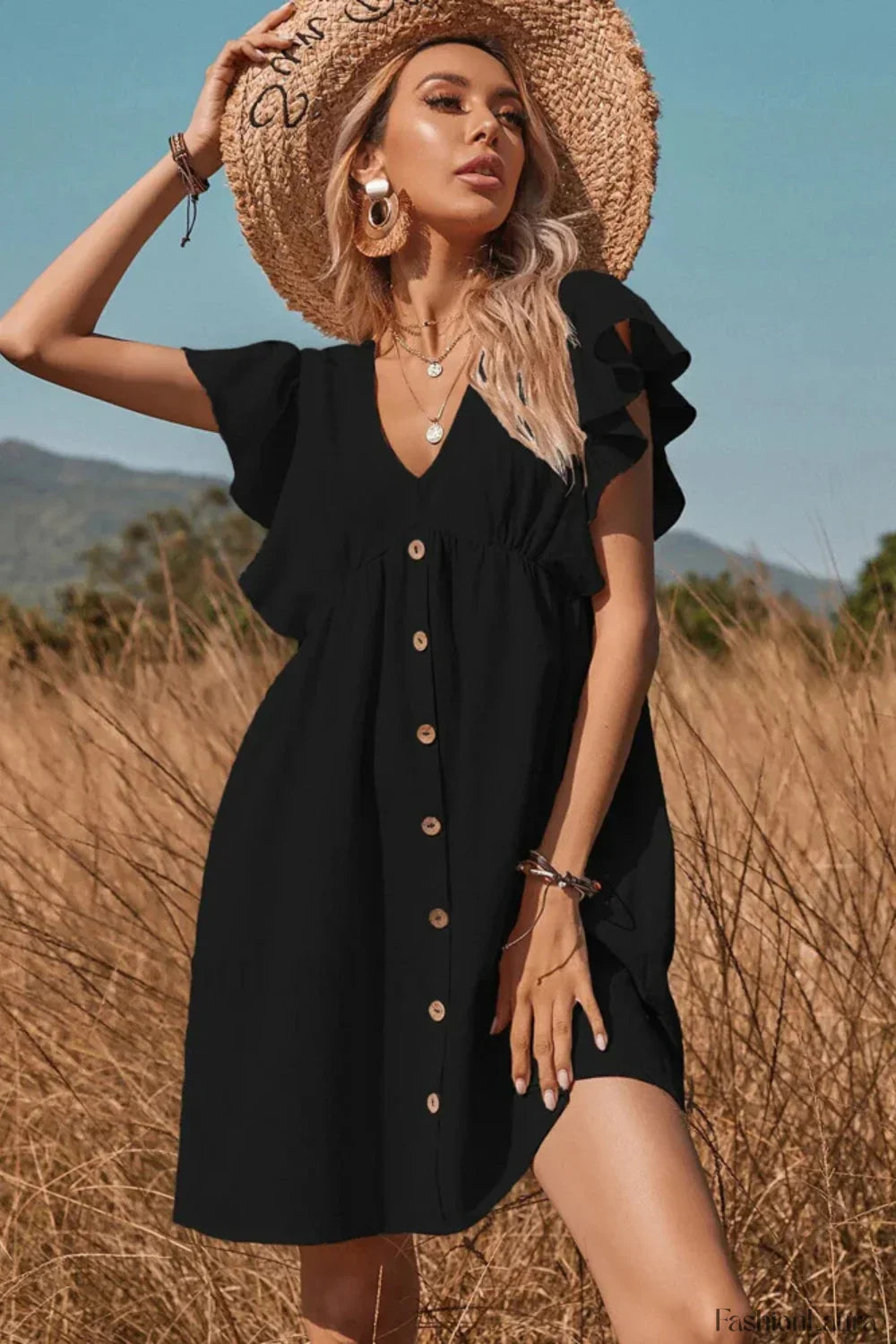 V-Neck One-Row Button Flared Pastoral Mini Dress