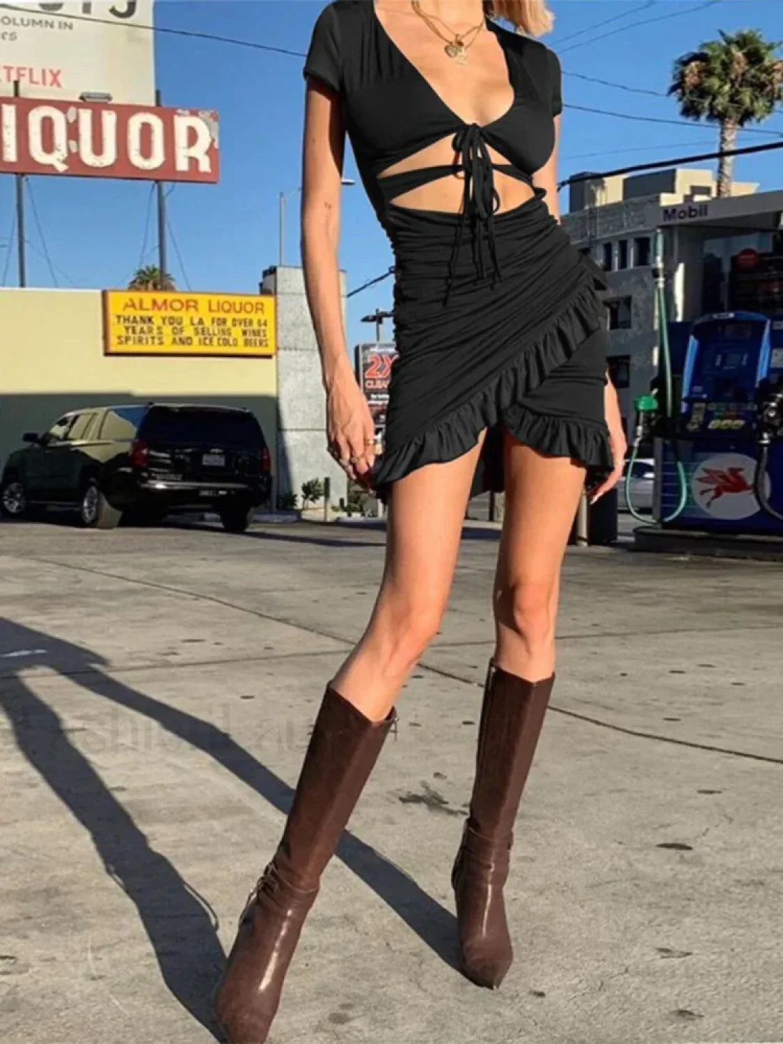 V-Neck Ruched Hollow Mini Dress