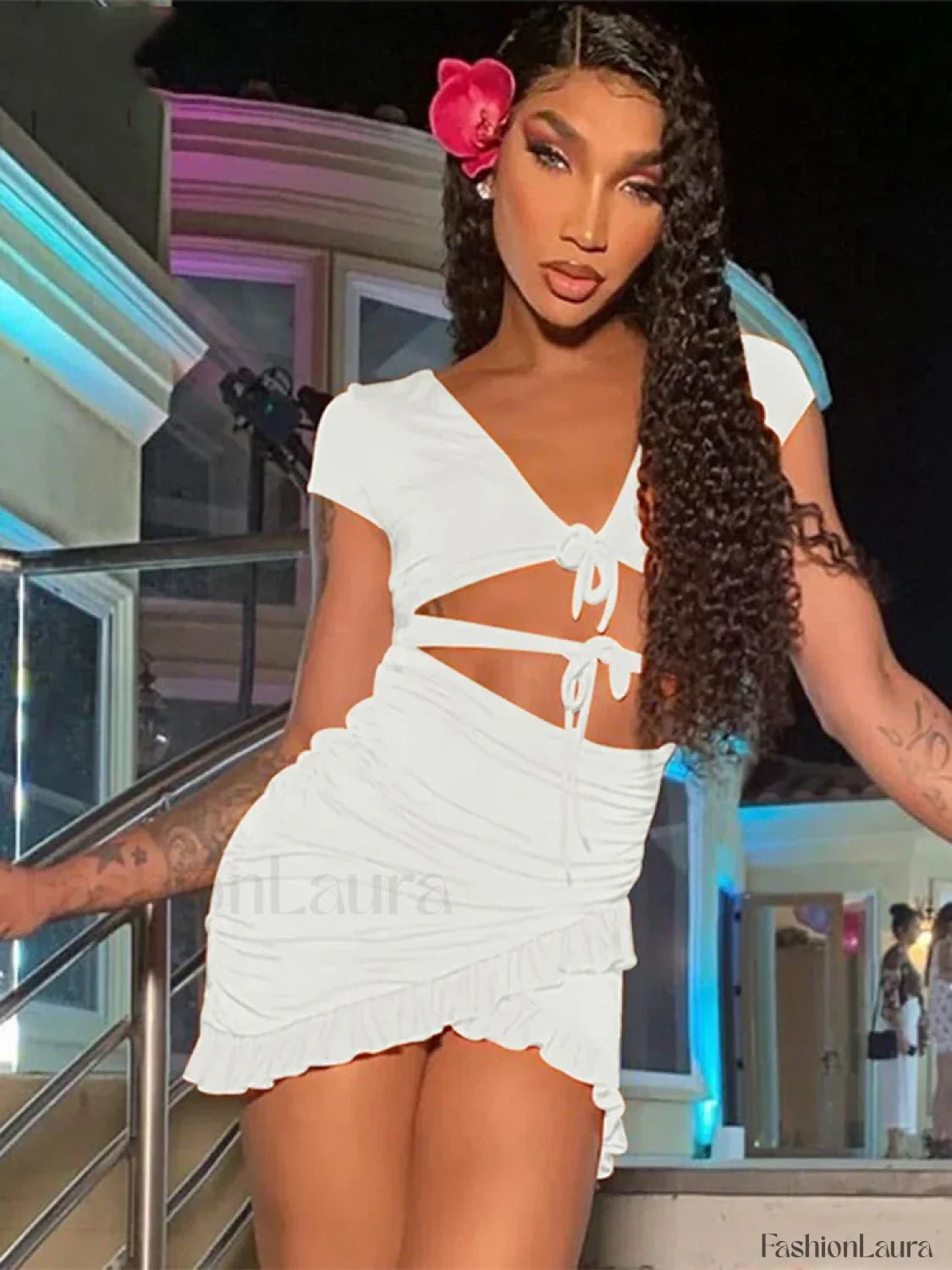 V-Neck Ruched Hollow Mini Dress