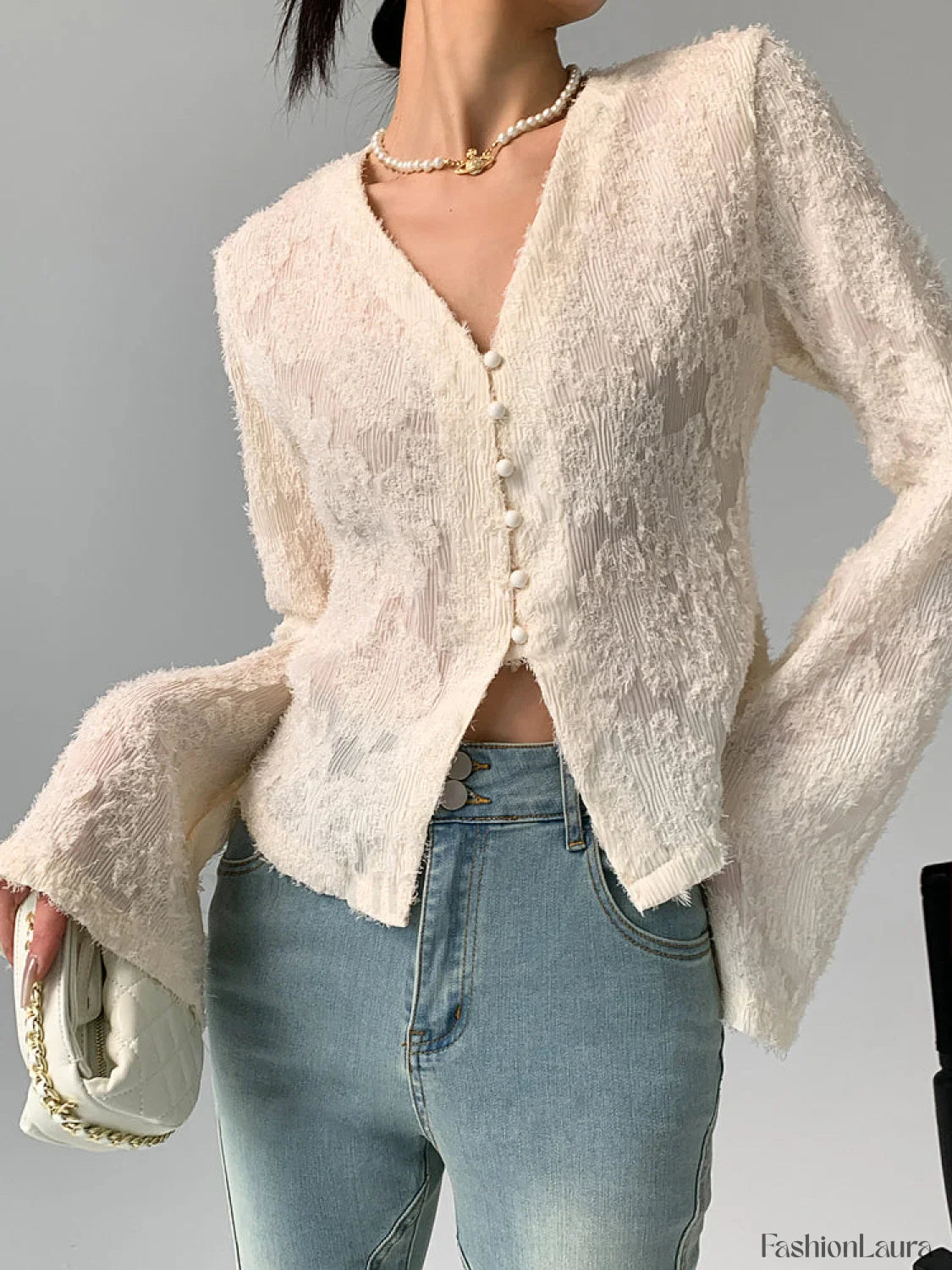 V-Neck Ruffle Graceful Long Sleeve Blouse