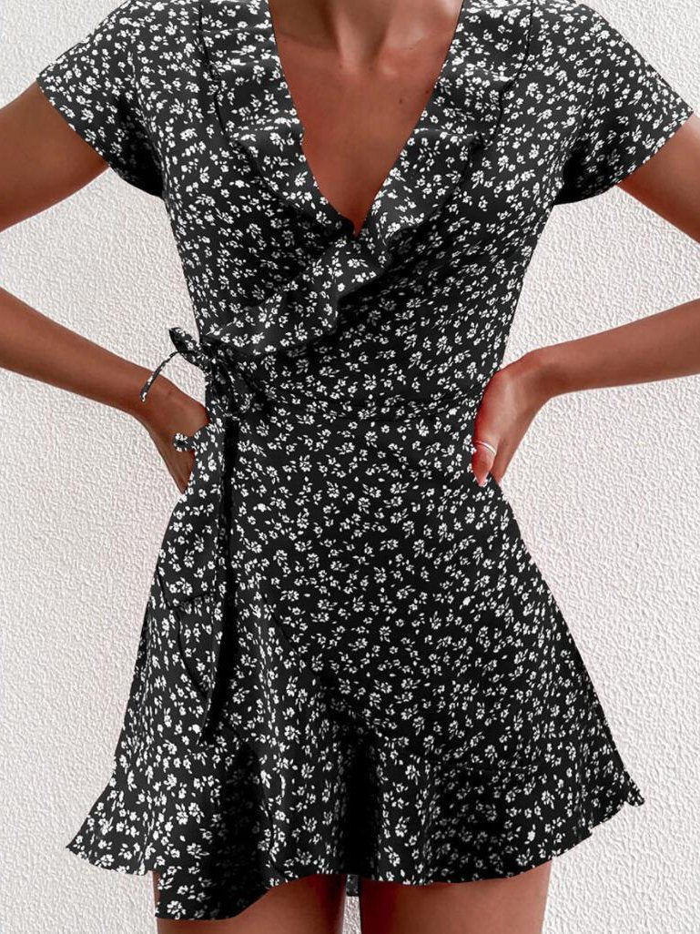V neck Ruffled Lace up A line Dress