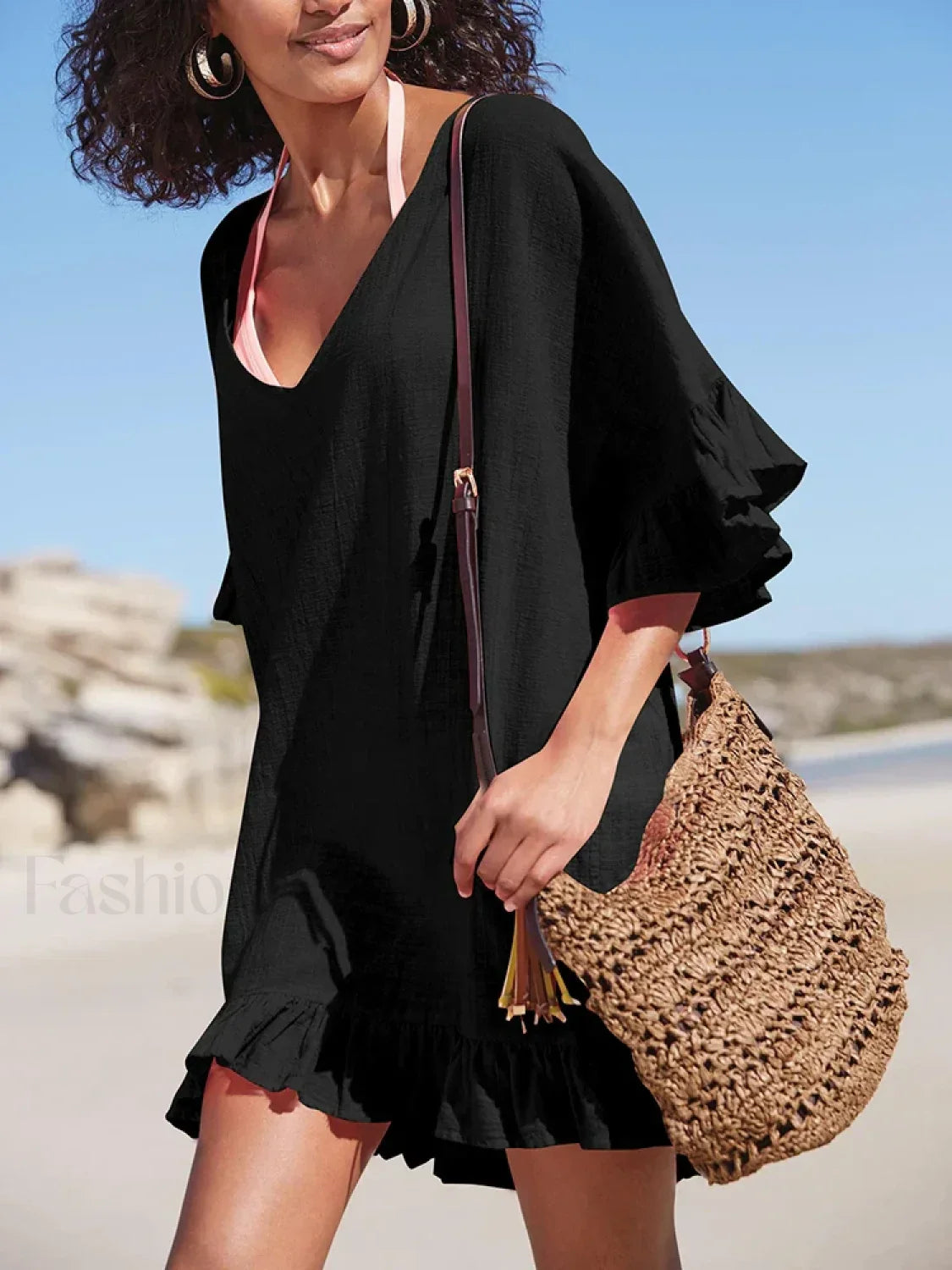 V-Neck See Through Ruffle Cover Up