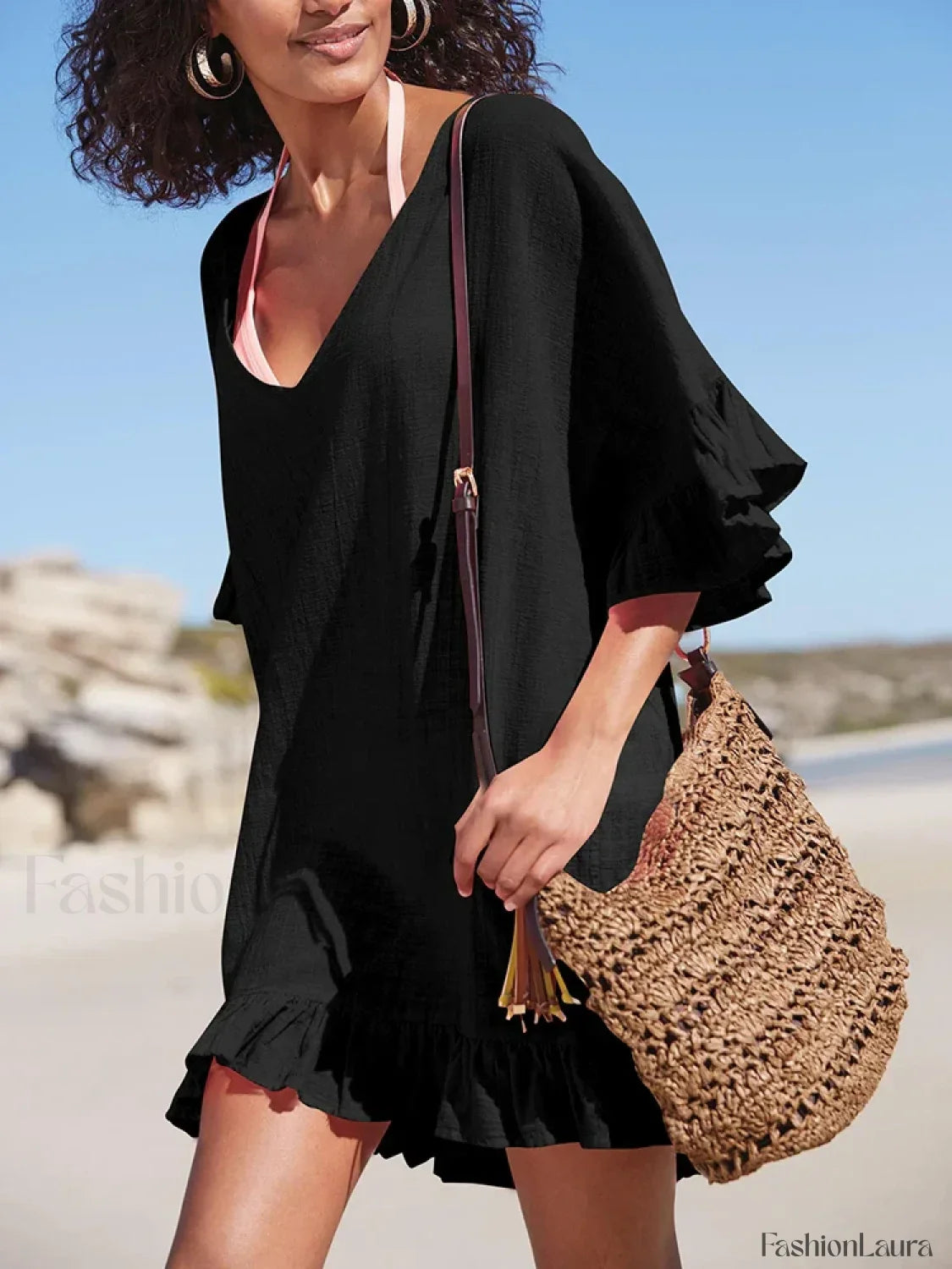 V-Neck See Through Ruffle Cover Up