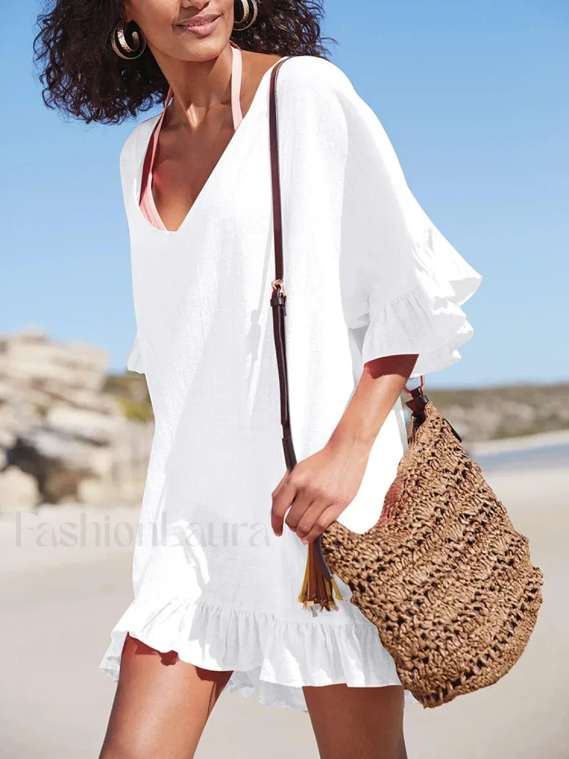 V-Neck See Through Ruffle Cover Up