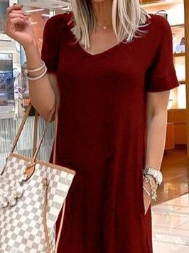 V Neck Short Sleeve Casual Pocket Dress