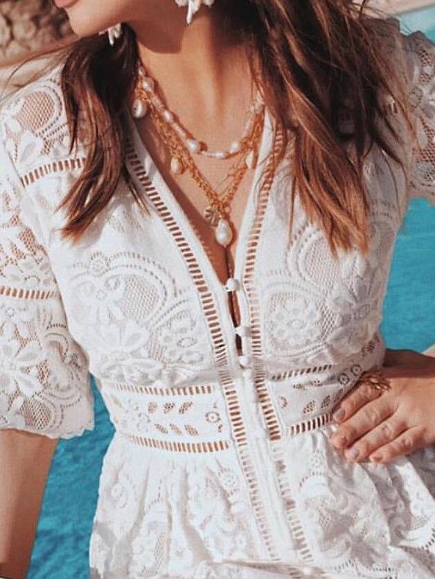 Lace Deep V-Neck Short Bell Sleeve Tiered Lace Trim Midi Dress