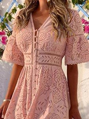 V neck Short Sleeve Hollow Lace Dress
