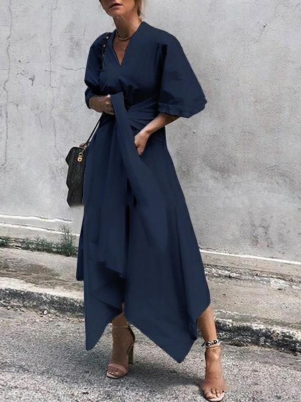 V Neck Short Sleeve Irregular Maxi Dress