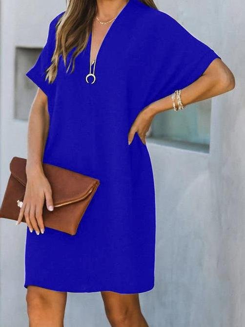 V neck Short Sleeve Solid Color Loose Dress