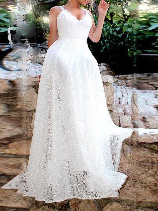 Lace V-Neck Floral Applique Spaghetti Strap A-Line Maxi Gown