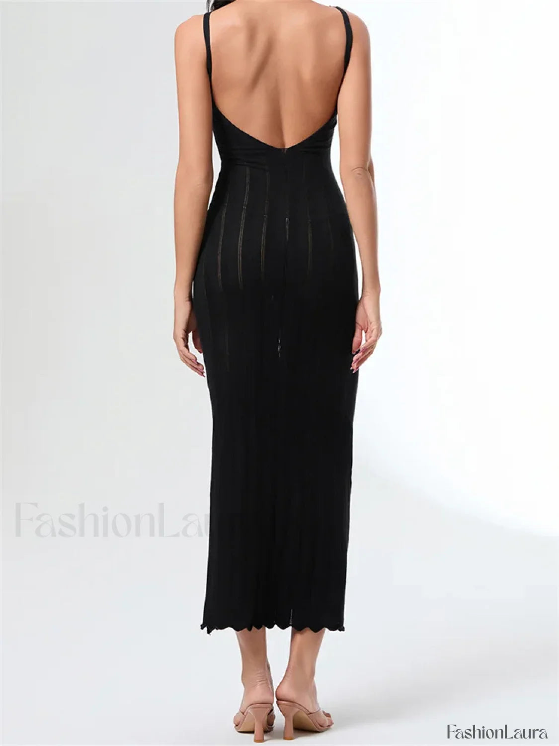 V Neck Strap Backless Knitted Maxi Dress