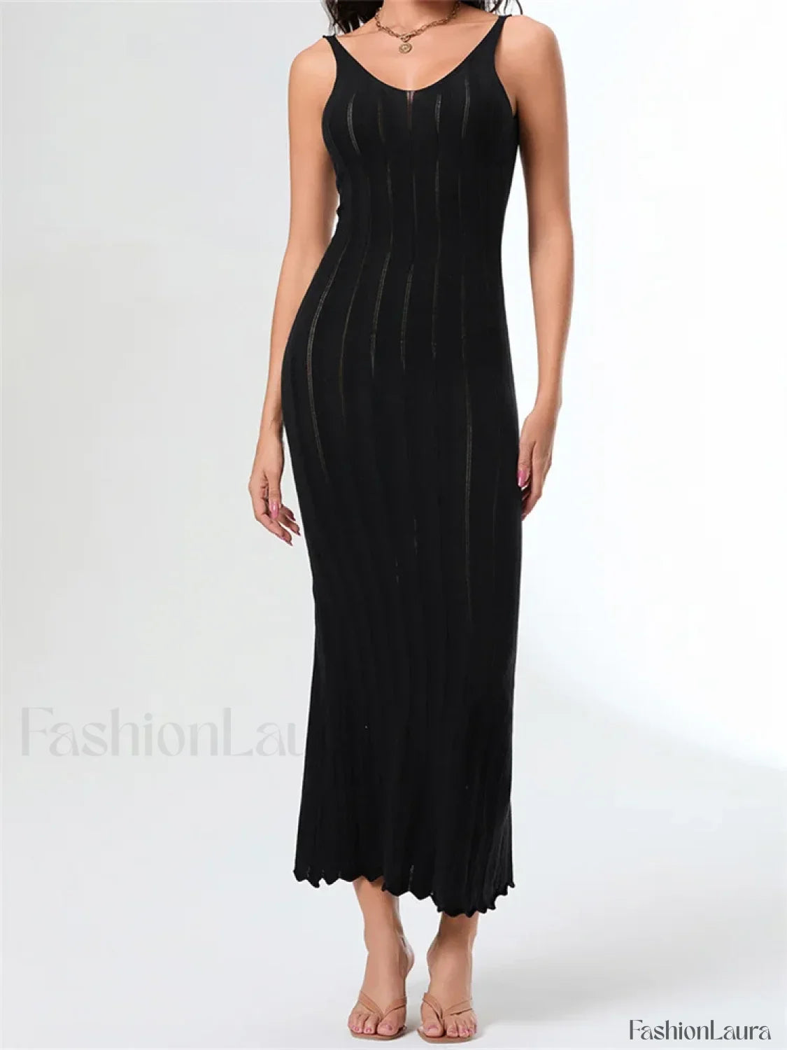 V Neck Strap Backless Knitted Maxi Dress