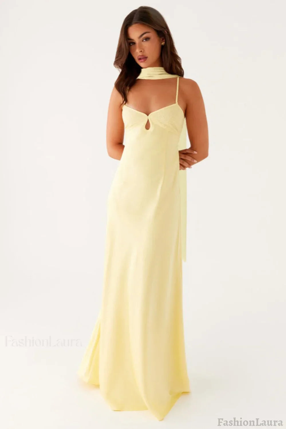 V Neck Tie Back Satin Maxi Dress S / Yellow