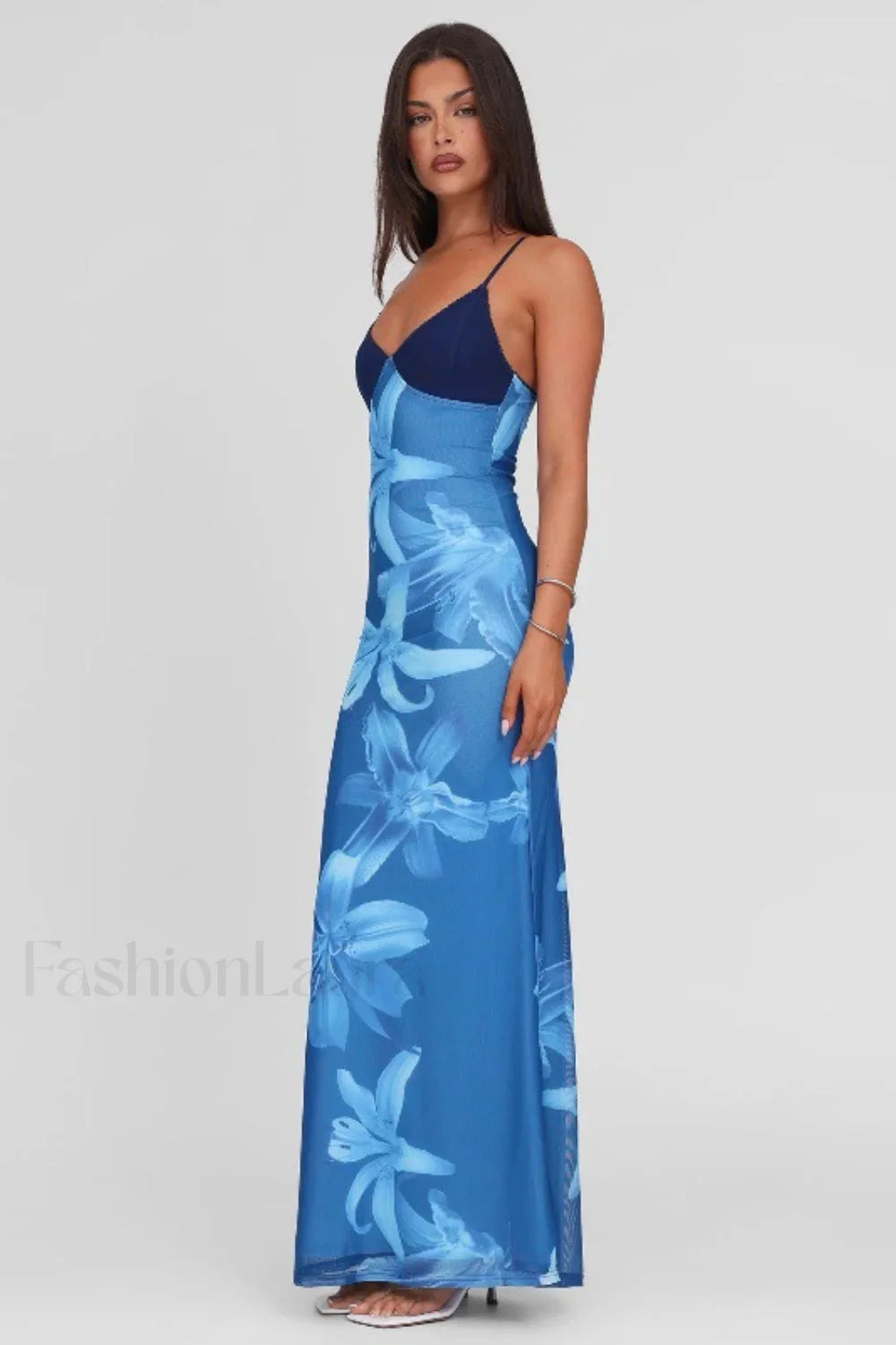 V-Neck Tie-Dye Mesh Patchwork Maxi Dress