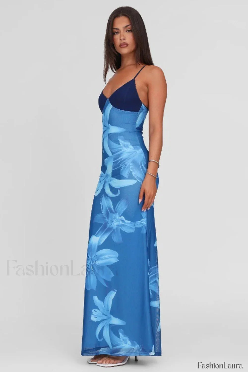 V-Neck Tie-Dye Mesh Patchwork Maxi Dress