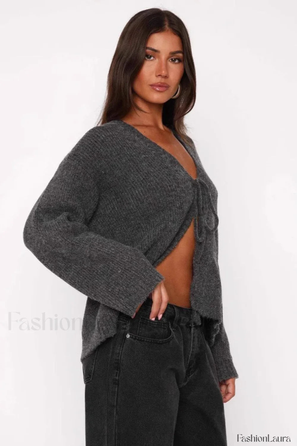 V-Neck Tie Front Knit Cardigan Sweater